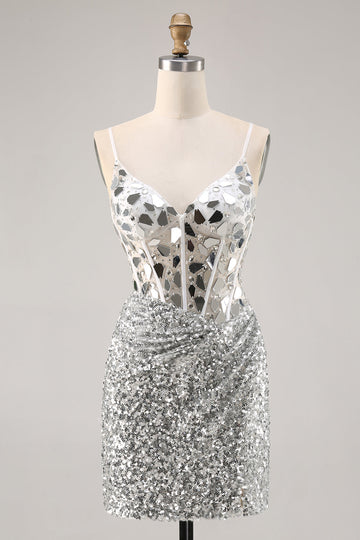 Korsett Silver V-hals Bodycon Spegel Homecoming Klänning